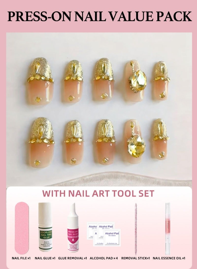 Luxury Gold Glitter French Tip Press On Nails - Oversized 3D Crystal Rhinestone Accents, Reusable Nude & Gold Ombre Fake Nails for Wedding & Gala Glamour - Image 2